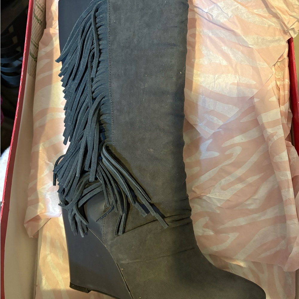 Fringe Suede Knee-High Boots - Black